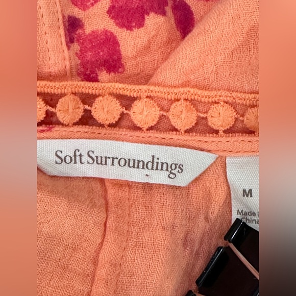 Soft Surroundings Floral Tunic  M Coral Peach Boho Crinkle Cotton Gauze 3/4 slv - Picture 9 of 10